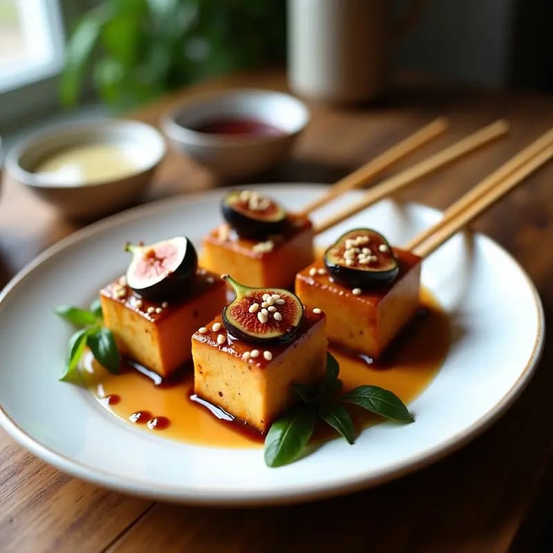 Brochetas de tofu dorado marinado en miso y higos caramelizados sobre plato blanco, espolvoreadas con semillas de sésamo. Entrante japonés vegano preparado en Thermomix.