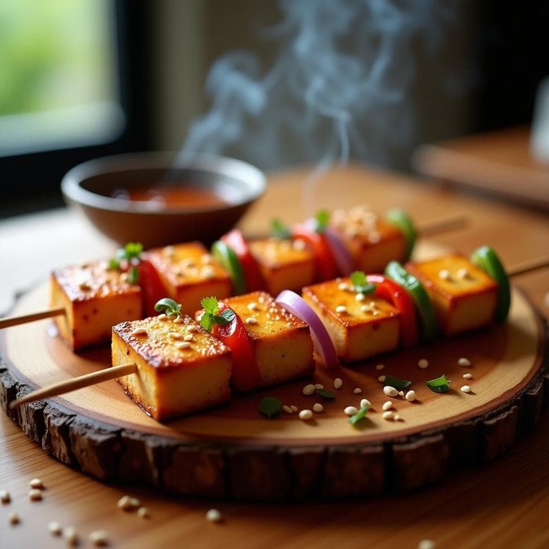 Brochetas de tofu dorado marinado en miso y jengibre, ensartadas con cebolla morada y pimiento rojo, cocinadas en grill con fondo de humo y semillas de sésamo espolvoreadas.