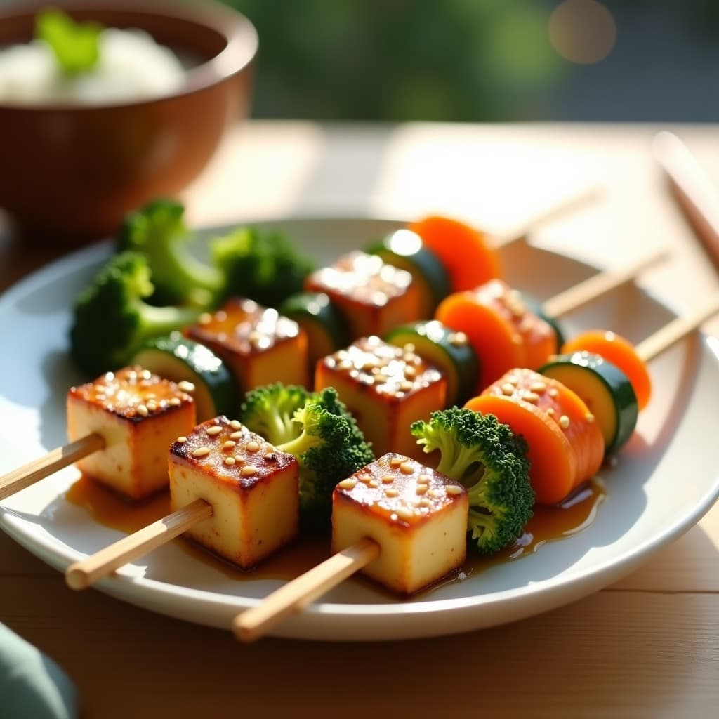 Brochetas de tofu dorado marinado en miso y sésamo, ensartadas con brócoli, zanahoria y calabacín al vapor, servidas en un plato de cerámica blanca con semillas de sésamo espolvoreadas y un fondo minimalista japonés.