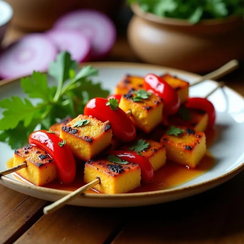 Brochetas doradas de tofu marinado y pimientos Antilla asándose en parrilla, con trozos de cebolla morada y cilantro fresco, receta caribeña vegana en parrilla.
