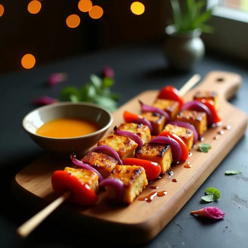 Brochetas de tofu dorado y crujiente ensartado con trozos de cebolla morada y pimiento rojo, servidas en una fuente de madera con salsa ponzu al lado. Plato de entrante japonés con textura apetecible y colores vibrantes.