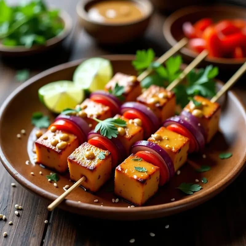 Brochetas de tofu dorado a la parrilla ensartadas con cebolla morada y pimiento rojo, bañadas en salsa satay cremosa de cacahuete, decoradas con cilantro fresco y gajos de limón sobre un plato de madera rústico con fondo de cocina indonesia.