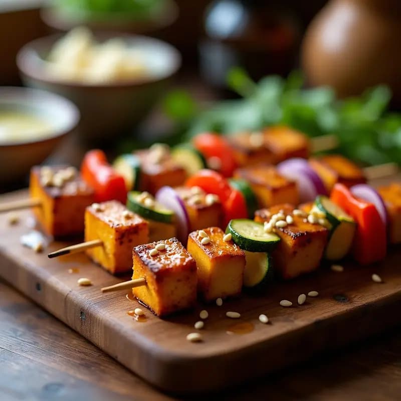 Brochetas de Tofu Marinado en Salsa de Soja y Miel con Verduras: Receta Asiática en Grill