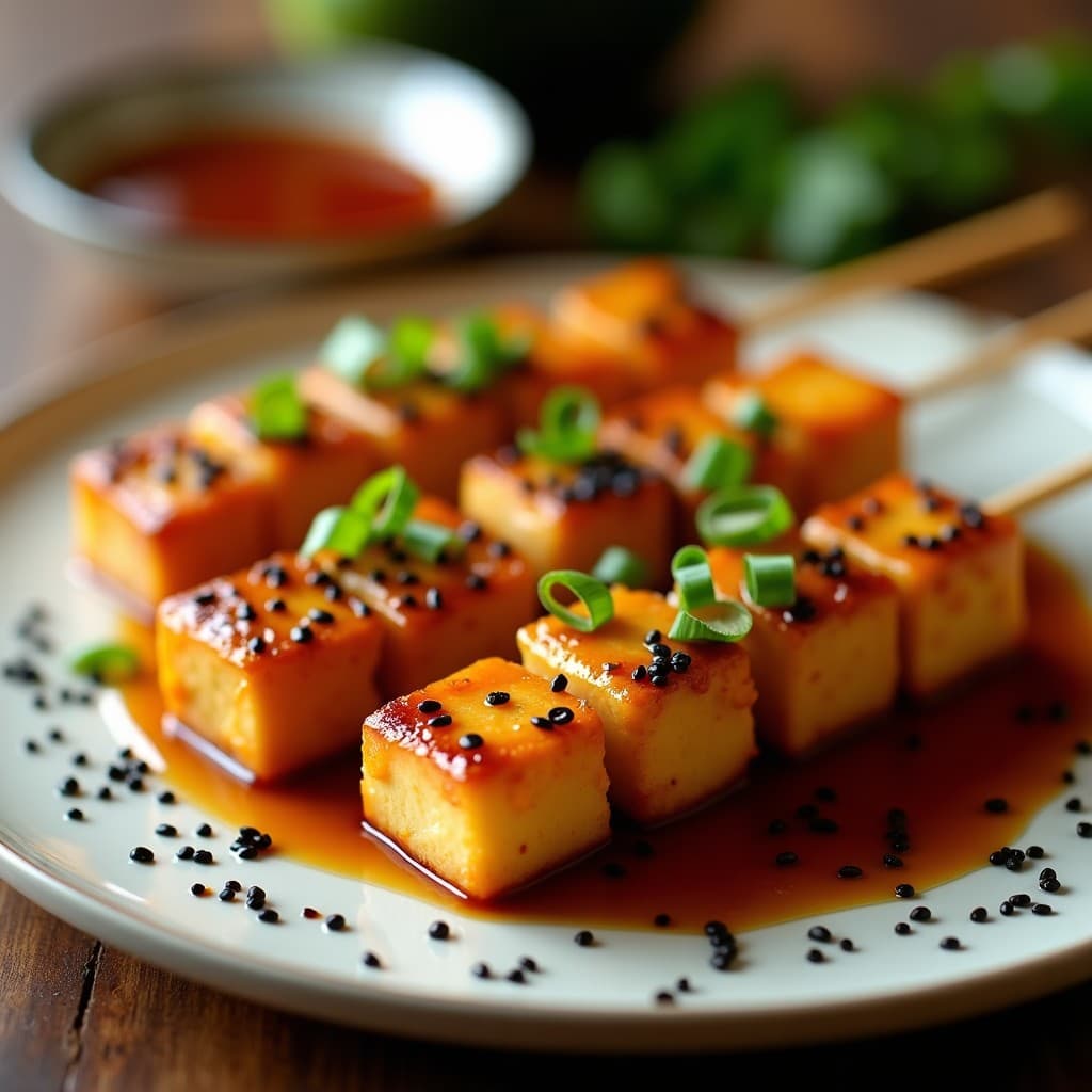 Brochetas doradas de tofo silken y durian asadas, glaseadas con salsa teriyaki brillante, espolvoreadas con semillas de sésamo negro y cebollino, servidas en plato blanco con fondo oscuro.
