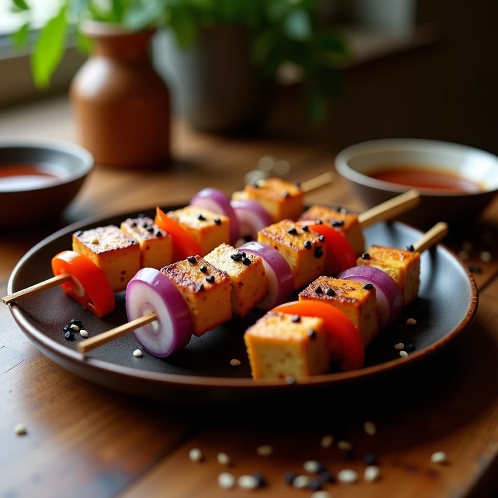 Brochetas de tofu marinado estilo yakitori en Thermomix, con cubos dorados de tofu, trozos de cebolla morada y pimiento rojo, espolvoreados con semillas de sésamo negro y blanco, servidas sobre un plato de madera con salsa yakitori reducida al lado.