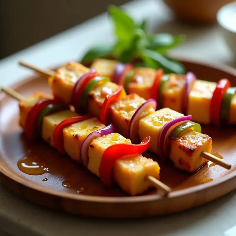 Brochetas doradas y crujientes de queso halloumi y tomate de árbol, con trozos de cebolla morada y pimiento verde, servidas en un plato de madera rústico sobre fondo claro. Receta colombiana en airfryer.