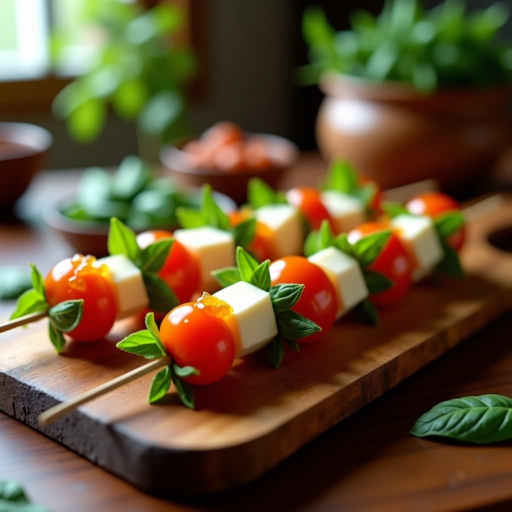 Brochetas de tomate de árbol amarillo naranja y mozzarella vegana blanca en cubos, alternados con hojas de albahaca verde, glaseadas con miel y ají dulce, servidas en bandeja de madera rústica con fondo borroso de cocina.