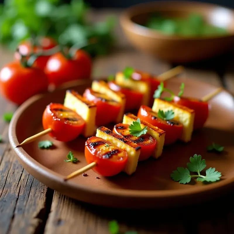 Brochetas doradas de tomate de árbol en gajos y queso halloumi crujiente, gratinadas en grill con marcas de parrilla, decoradas con hojas de cilantro fresco sobre un plato de madera rústica.