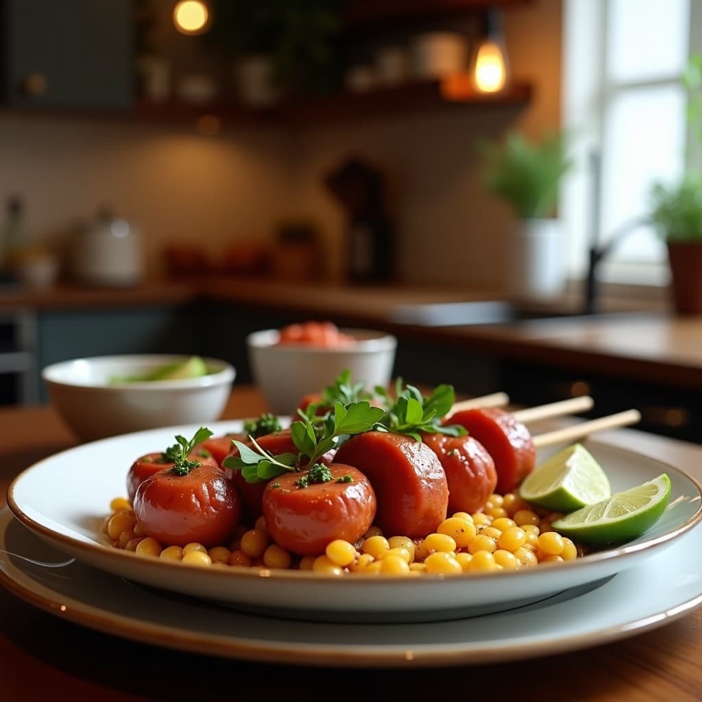 Brochetas doradas de topepo (yuca amarilla) y chorizo ibérico en airfryer, con trozos crujientes y jugosos, servidas en plato rústico de barro con cilantro fresco y rodajas de limón al lado. Receta de aperitivo colombiano-español.