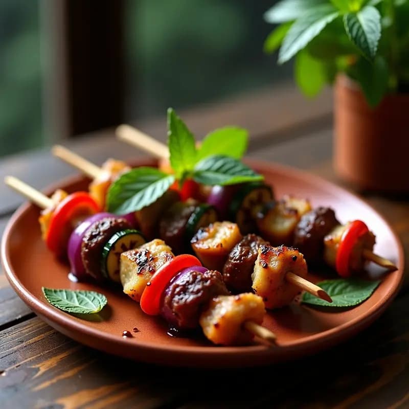 Brochetitas de cordero magro con especias marroquíes, pimiento rojo, cebolla morada y calabacín, cocinadas a la perfección en grill, servidas en plato de barro con hojas de menta fresca.