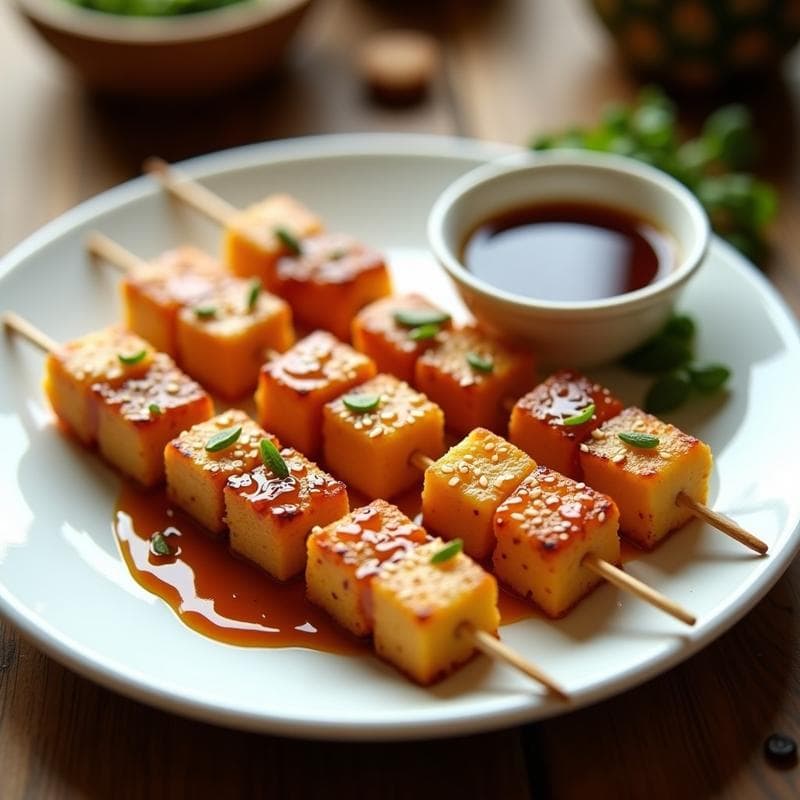 Brochetitas doradas de tofu y piña fresca en palillos, con salsa teriyaki brillante y semillas de sésamo espolvoreadas, servidas sobre un plato blanco con fondo de madera rústica.