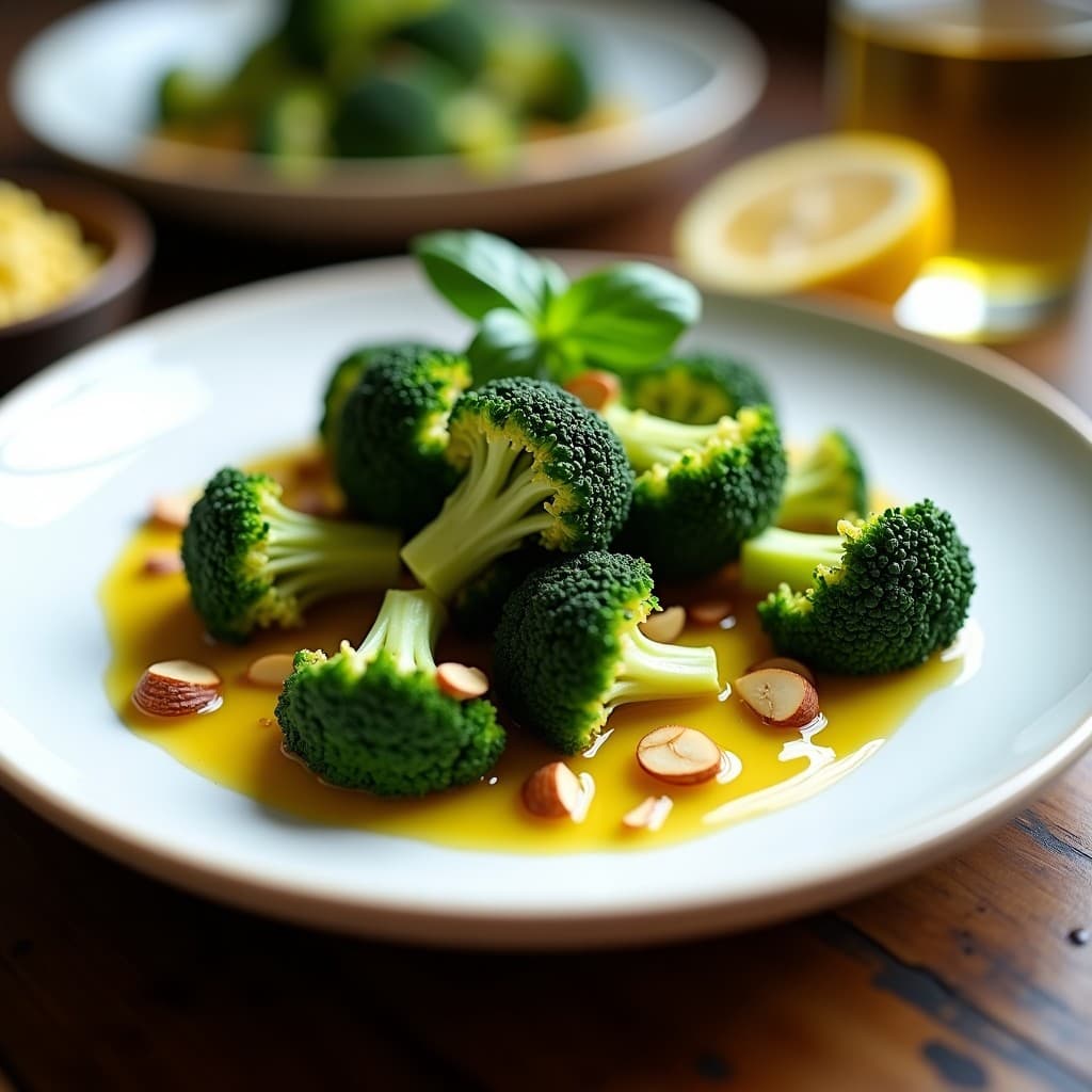 Plato blanco con brócoli al ajillo dorado en Airfryer, bañado en vinagreta de limón confitado y espolvoreado con almendras fileteadas y perejil fresco. Entrante español bajo en calorías con textura crujiente.