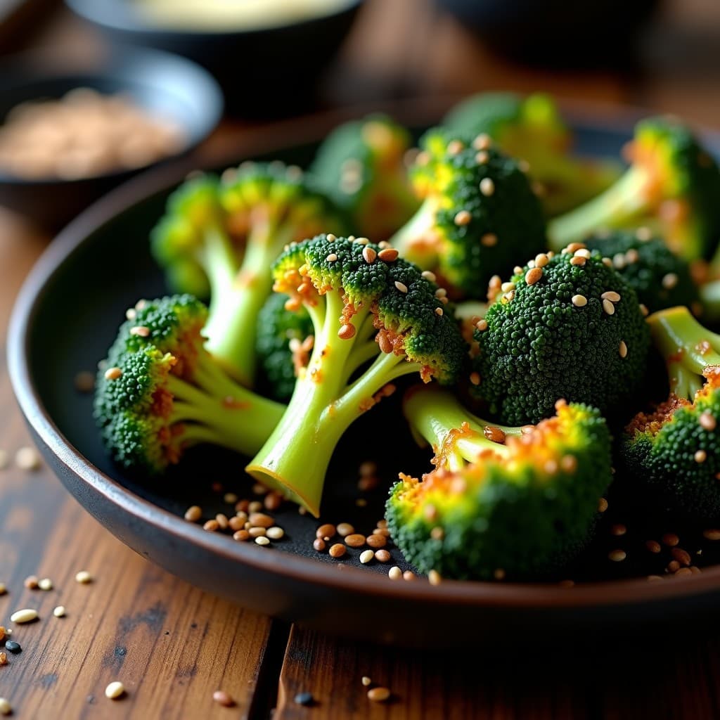 Brotas de brócoli doradas y crujientes en un plato blanco, bañadas en glaseado de salsa teriyaki brillante y espolvoreadas con semillas de sésamo tostadas. Receta de aperitivo japonés en airfryer, servidas con palillos de madera.