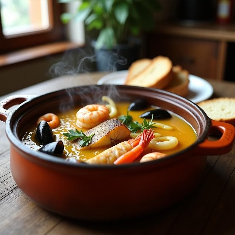Cazuela de barro con brodet de peix català humeante, lleno de rodajas de merluza, gambas, mejillones y calamares en un caldo dorado con ñora y azafrán, acompañado de pan rústico.