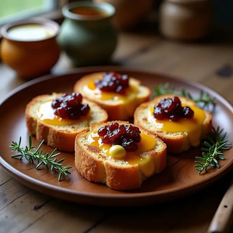 Plato rústico de madera con Brotzeit Gegrillte Käse: rodajas de queso de cabra ahumado a la parrilla sobre pan de centeno tostado, cubiertas con mermelada de cebolla caramelizada brillante y decoradas con romero fresco. Receta alemana tradicional.
