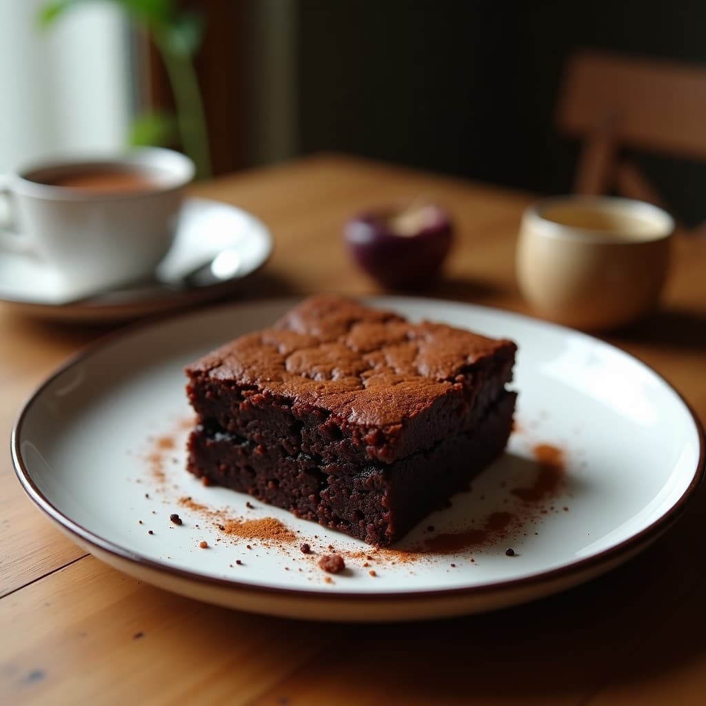 Brownie de alubias negras y dátiles en Thermomix, cortado en cuadrados, con textura húmeda y esponjosa, decorado con almendras fileteadas y espolvoreado con cacao en polvo sobre fondo rústico de madera.