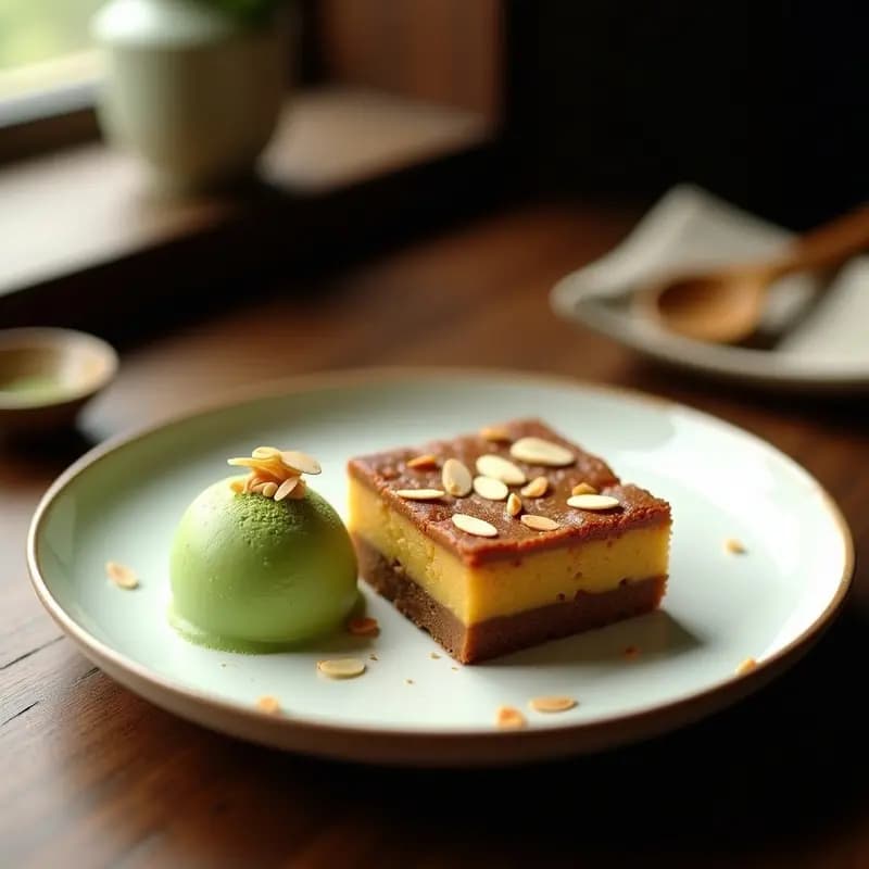 Plato de cerámica negra con un cuadrado de brownie de batata y almendras, dorado y húmedo, coronado por una bola de helado de matcha verde vibrante. Decorado con almendras fileteadas y un espolvoreado de matcha en polvo. Fondo minimalista con tonos neutros, resaltando los colores del postre japonés sin harina.