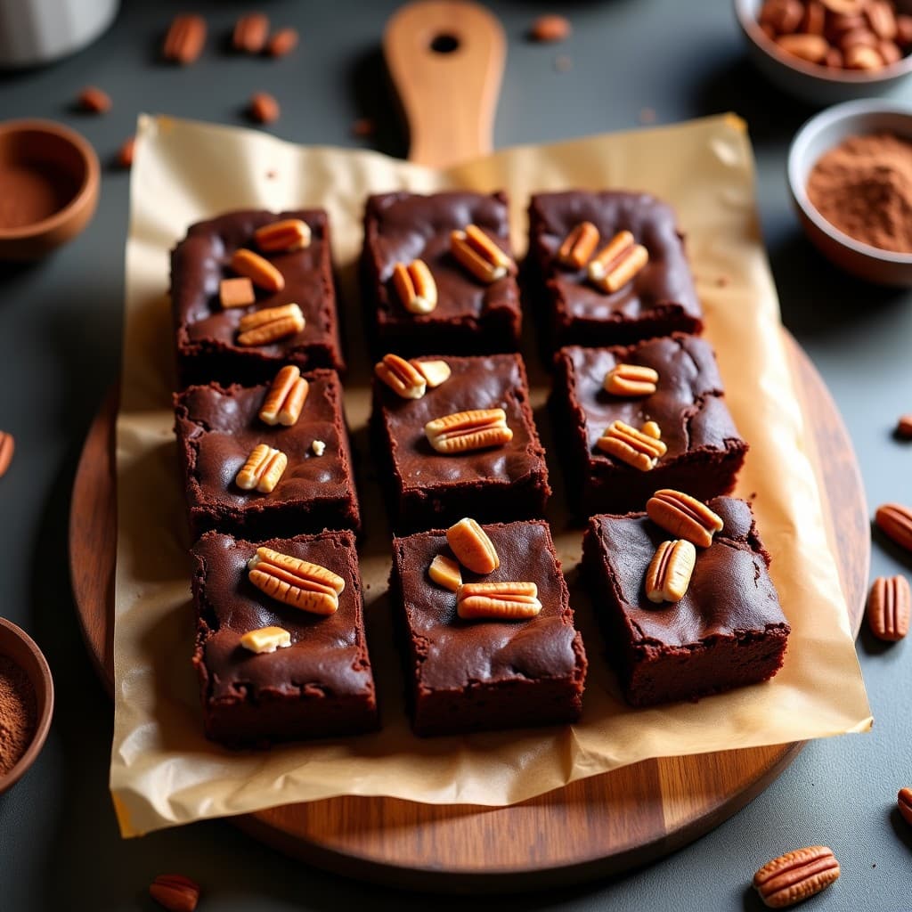 Brownie vegano de boniato y cacao en Thermomix, cortado en cuadrados perfectos sobre papel de horno. Textura húmeda y brillante con trozos de nueces de pecana en la superficie. Fondos borrosos de harina de almendra y cacao puro.