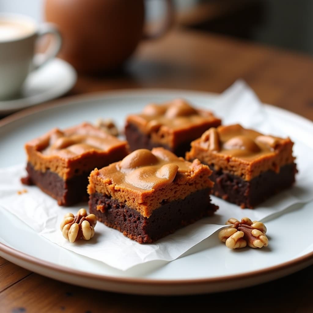 Brownie de boniato y nueces vegano sin azúcar, cortado en cuadrados sobre papel pergamino, con textura húmeda y trozos de nuez visibles, servido en plato blanco rústico.