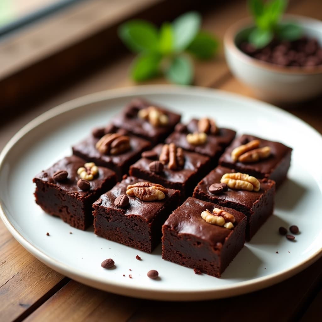 Brownie vegano de frijoles negros y cacao cortado en cuadrados, con textura húmeda y nibs de cacao brillantes en la superficie, servido en plato blanco sobre fondo rústico de madera.