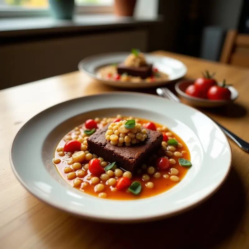 Brownie de garbanzo y tahini cortado en porciones cuadradas, con una salsa de frambuesa brillante por encima. Textura esponjosa y color oscuro del cacao, servido en un plato blanco rústico con unas frambuesas frescas como decoración.