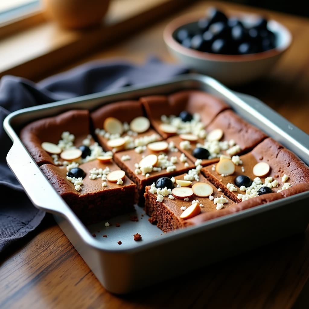 Brownie de harina de almendra y aceitunas negras en molde cuadrado, con textura húmeda y dorada, espolvoreado con almendras fileteadas tostadas. Postre salado sin azúcar, ideal para dieta keto.
