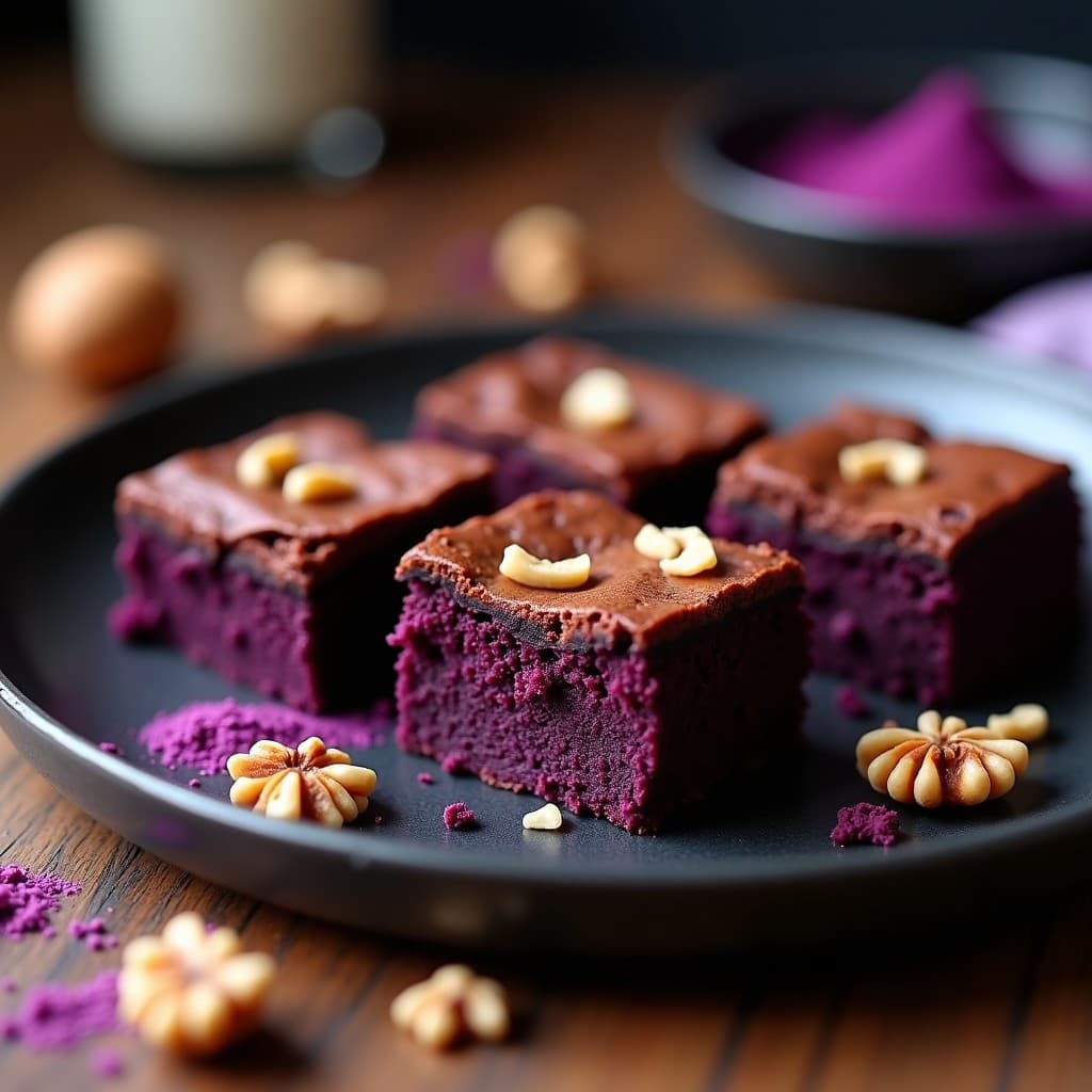 Brownie de harina de almendra y purple corn cortado en cuadrados, con textura esponjosa y color morado intenso, decorado con nueces picadas sobre un plato de cerámica negra. Postre keto peruano sin harina.