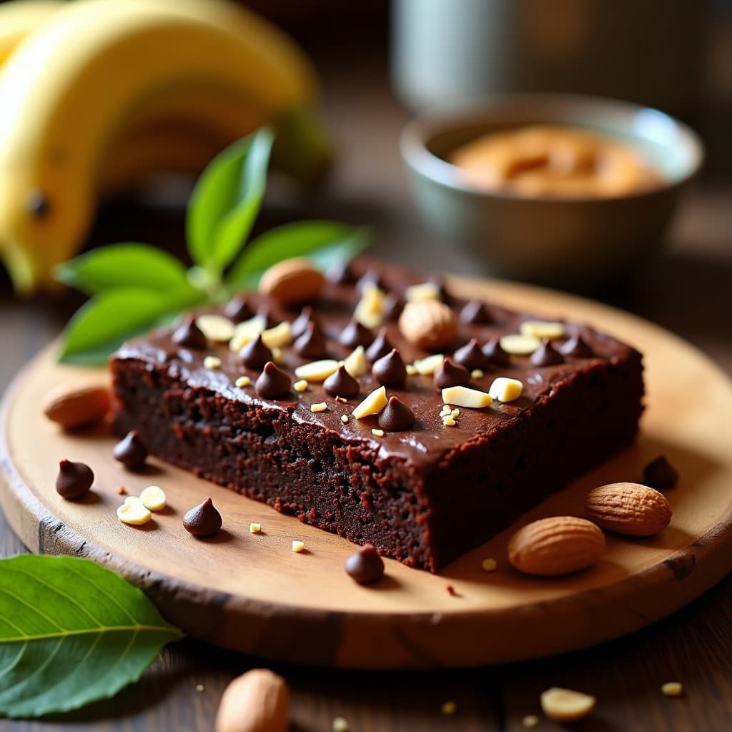 Brownie de harina de plátano verde y cacahuete cortado en cuadrados, con textura húmeda y chips de cacao brillantes en la superficie. Se aprecian trozos de cacahuete tostado y un fondo rústico de madera con cacahuetes enteros y hojas de plátano.