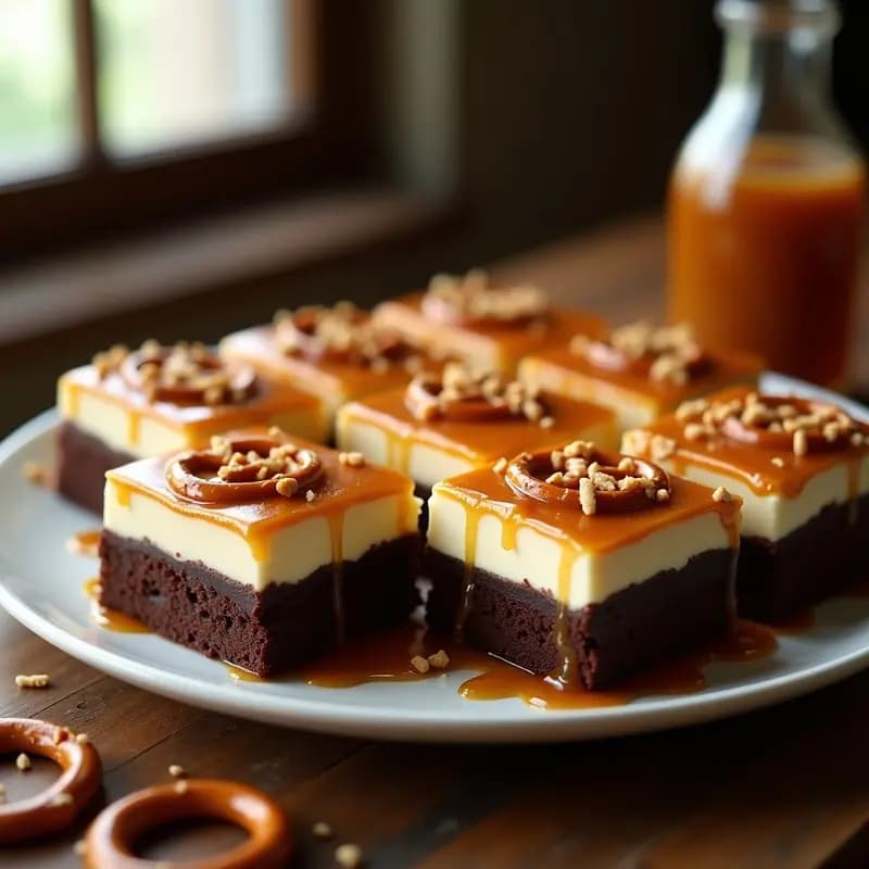 Brownies de 3 capas cortados en cuadrados sobre un plato blanco, mostrando la base oscura de chocolate, la capa cremosa de queso blanco y el topping brillante de caramelo salado con trozos dorados de pretzel. Receta de postre hipercalórico y adictivo.