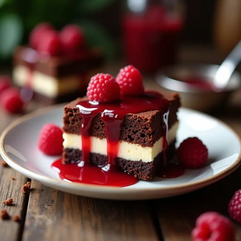 Brownies de 3 pisos cortados en cuadrados perfectos, mostrando las capas de chocolate oscuro en la base, bizcocho de vainilla en el medio y queso crema cremoso en la parte superior, bañados con salsa de frambuesa brillante y rojiza. Plato de fondo rústico con migas de brownie y cuchara de postre.