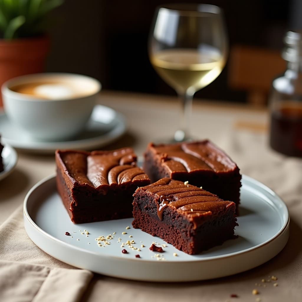 Brownies de boniato y almendras veganos sin harina, cortados en cuadrados sobre papel de horno. Textura húmeda y brillante con almendras fileteadas doradas en la superficie. Plato rústico de madera con cacao en polvo espolvoreado al lado.