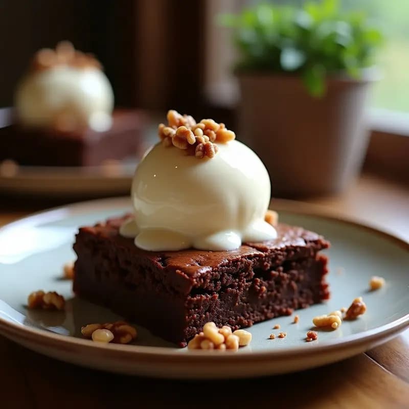 Brownie de chocolate humeante con helado de queso cream derritiéndose encima, servido en un plato negro con nueces picadas y virutas de chocolate, receta ultracremosa en microondas.