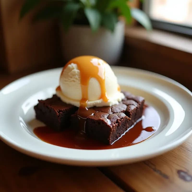 Plato blanco con dos brownies de chocolate calientes y húmedos, cubiertos de nueces troceadas, acompañados de una bola generosa de helado de vainilla cremoso, bañado con sirope de chocolate brillante y caramelo líquido dorado. Fondo borroso de cocina con textura cálida.