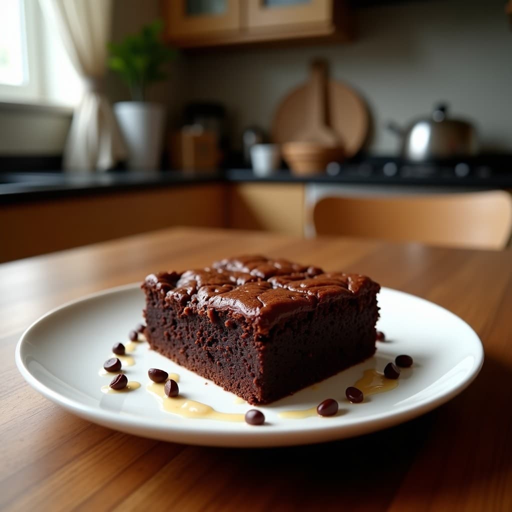 Brownies de garbanzo y chocolate negro veganos, cortados en cuadrados sobre una tabla de madera, con textura húmeda y trozos de nuez de pecana. Receta alta en fibra y proteína en Thermomix.