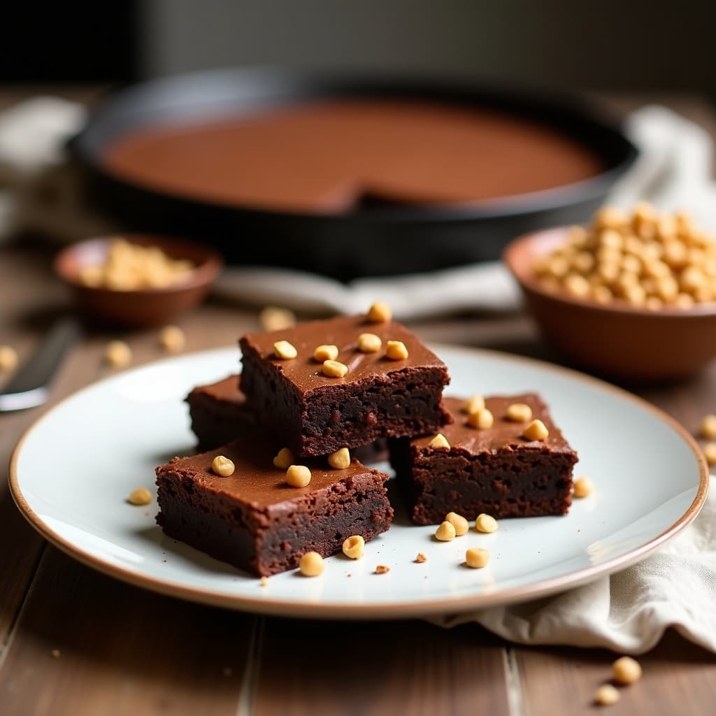Brownies esponjosos de garbanzos y cacahuete con trozos visibles de cacahuete tostado, textura húmeda y color marrón intenso, servidos en un plato de cerámica blanca.