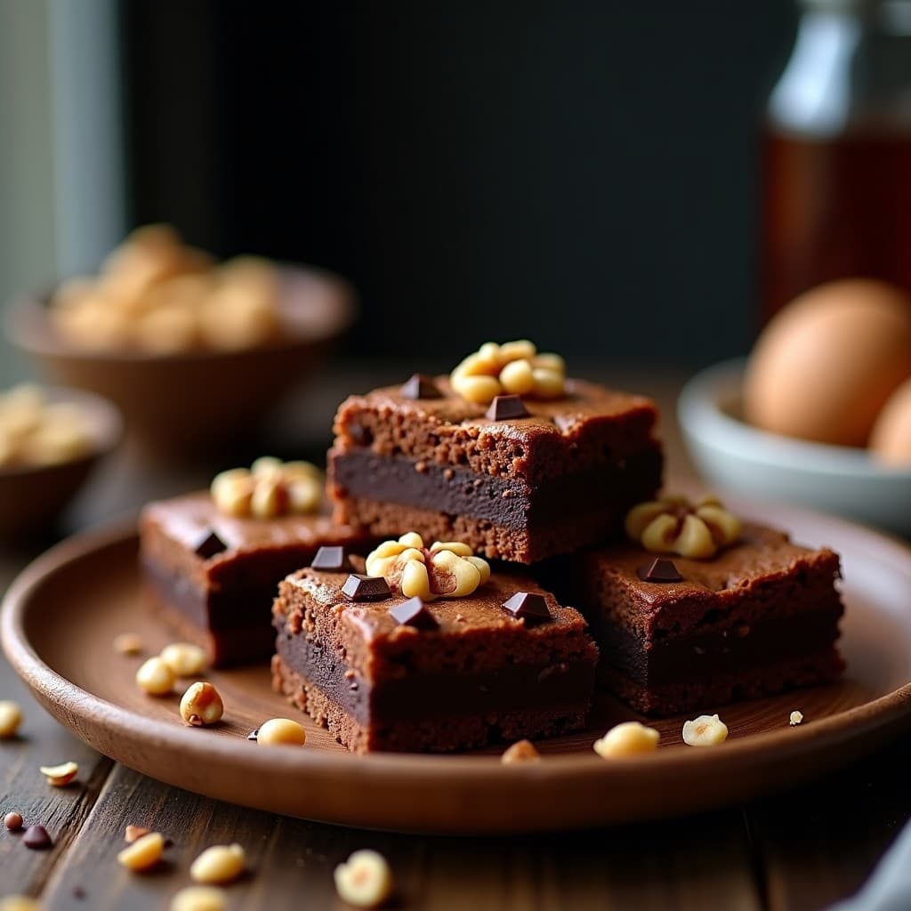 Brownies veganos de lentejas rojas y chocolate cortados en cuadrados, con trocitos de nueces y chips de chocolate negro en la superficie, sobre un plato de madera rústica con fondo oscuro.