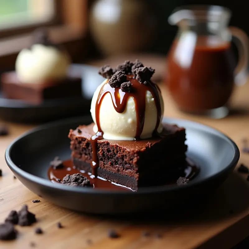 Plato hondo negro con un brownie de Oreos cortado en cuadrados, cubierto con una bola de helado de queso crema blanco, bañado en sirope de chocolate caliente brillante y decorado con trozos de galletas Oreos. Fondos borrosos de más brownies y sirope chorreando.