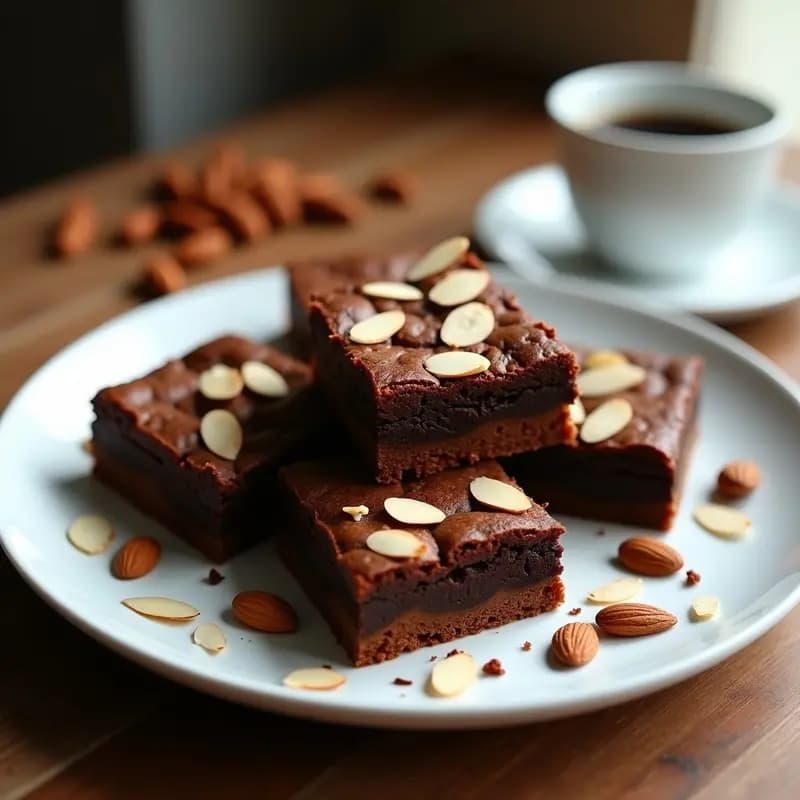Brownies de café y avena cortados en cuadrados, con textura húmeda y almendras fileteadas en la superficie, sobre un plato de cerámica blanca.