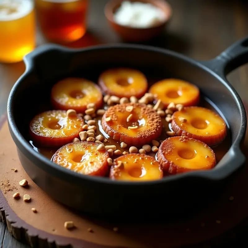 Browning de plátano macho con miel y canela, postre colombiano al horno sin harina, dorado y esponjoso con trozos de nueces, servido en porciones cuadradas sobre un plato rústico de barro.