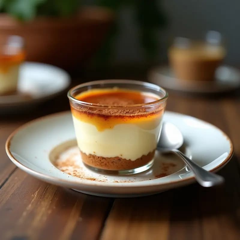 Brulee de queso crema y café con crujiente de galletas María servido en copa de cristal, con capa dorada caramelizada y base de galleta tostada, postre francés sin horno.