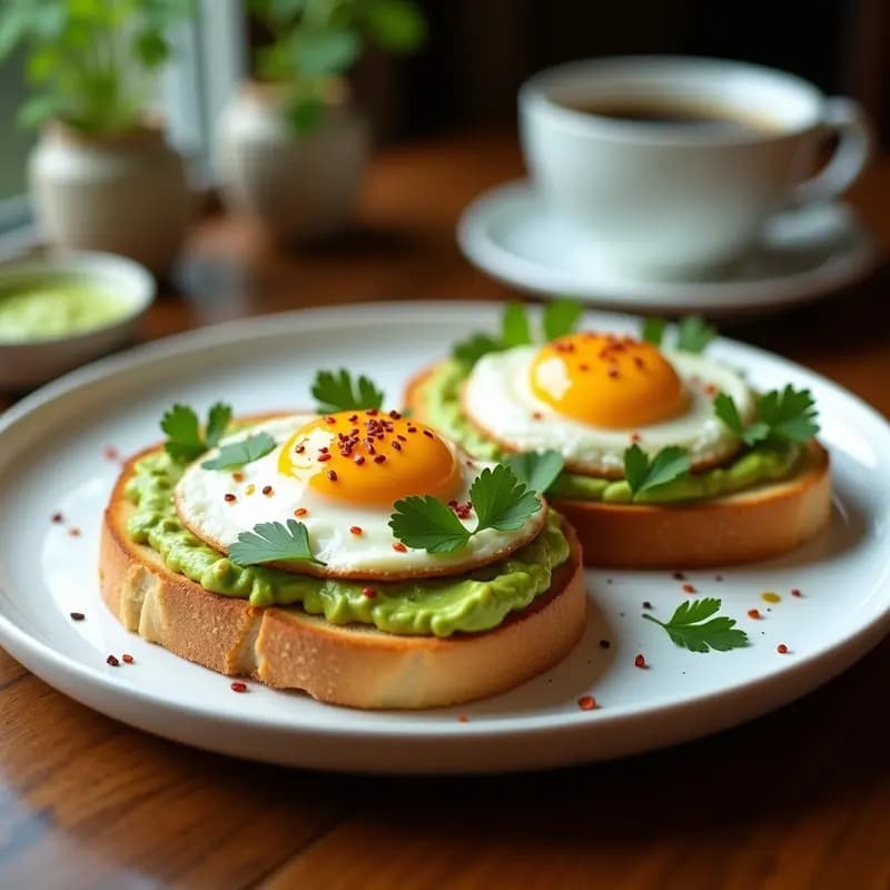 Plato blanco elegante con dos tostadas doradas de pan brioche, untadas con cremoso aguacate verde, coronadas con huevos pochados de yema líquida, semillas de sésamo negro y cilantro fresco. Receta de brunches de pan brioche con aguacate y huevos pochados, desayuno americano de lujo.