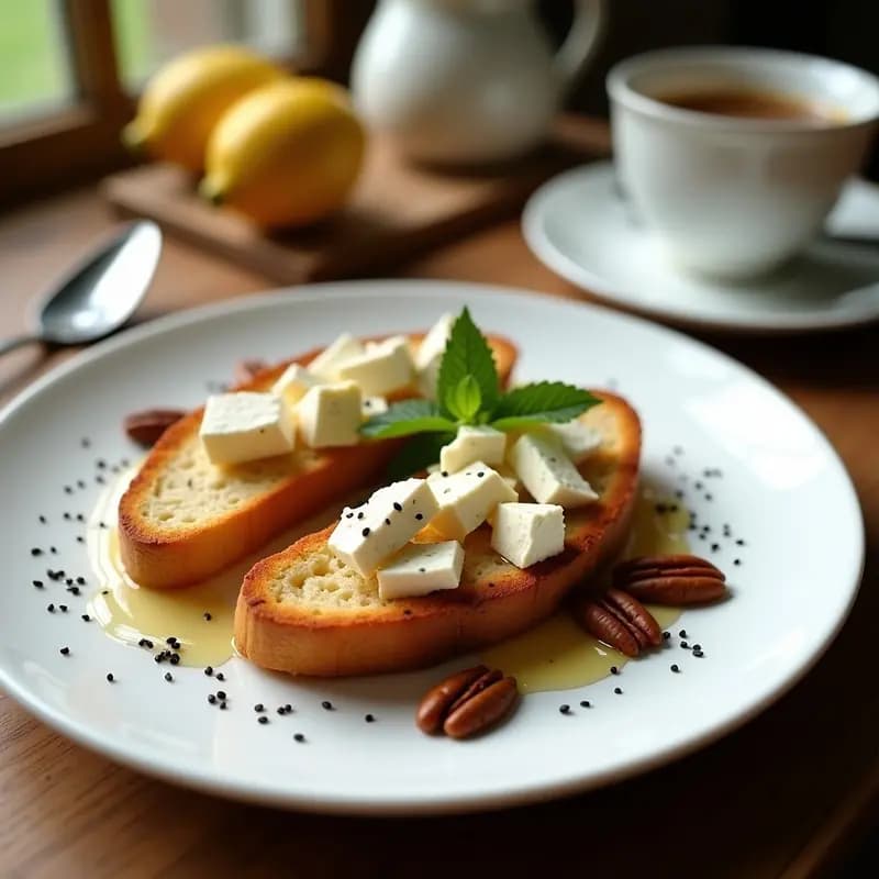 Brunches de pan de plátano dorado con capas de yogur griego, queso feta desmenuzado, miel de tomillo y nueces tostadas, servidos en plato blanco rústico con semillas de sésamo negro.