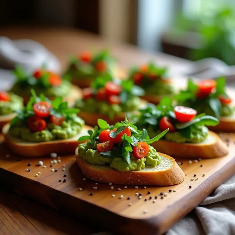 Bruschetta de aguacate y ajo negro sobre pan sin gluten tostado, con tomates cherry, cilantro fresco y semillas de sésamo, servida en tabla de madera rústica. Aperitivo español vegano y sin gluten.