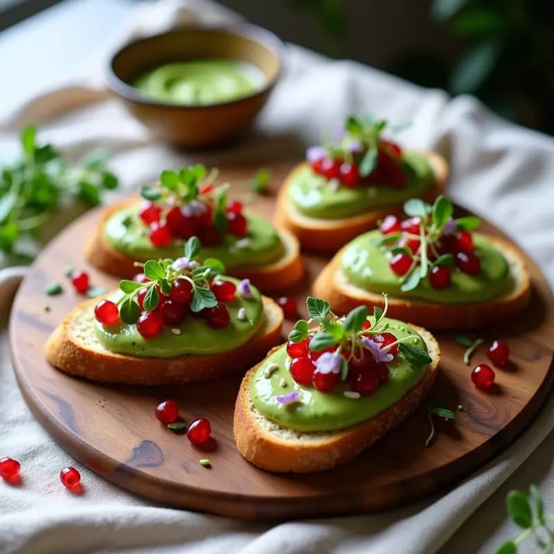 Plato de bruschettas sin gluten con crema de aguacate, granos de granada y hierbas frescas, servidas sobre pan tostado de almendra con vinagreta cítrica.