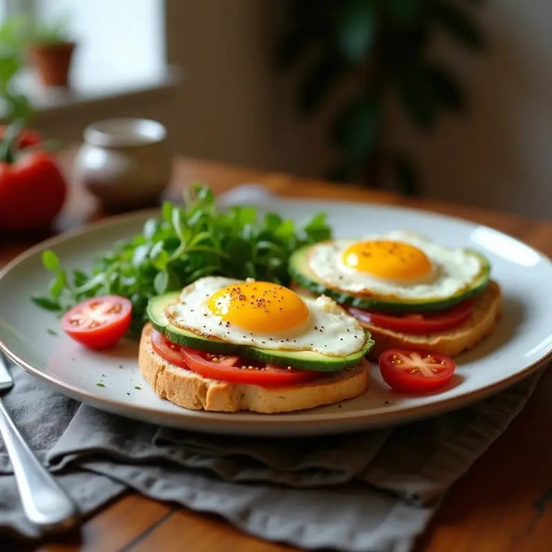 Bruschetta keto con base de pan de almendra tostado, crema de aguacate verde brillante, tomates cherry confitados dorados, huevos de codorniz partidos con yema líquida, decorada con albahaca fresca, semillas de sésamo y un hilo de vinagre balsámico sobre fondo rústico de madera.