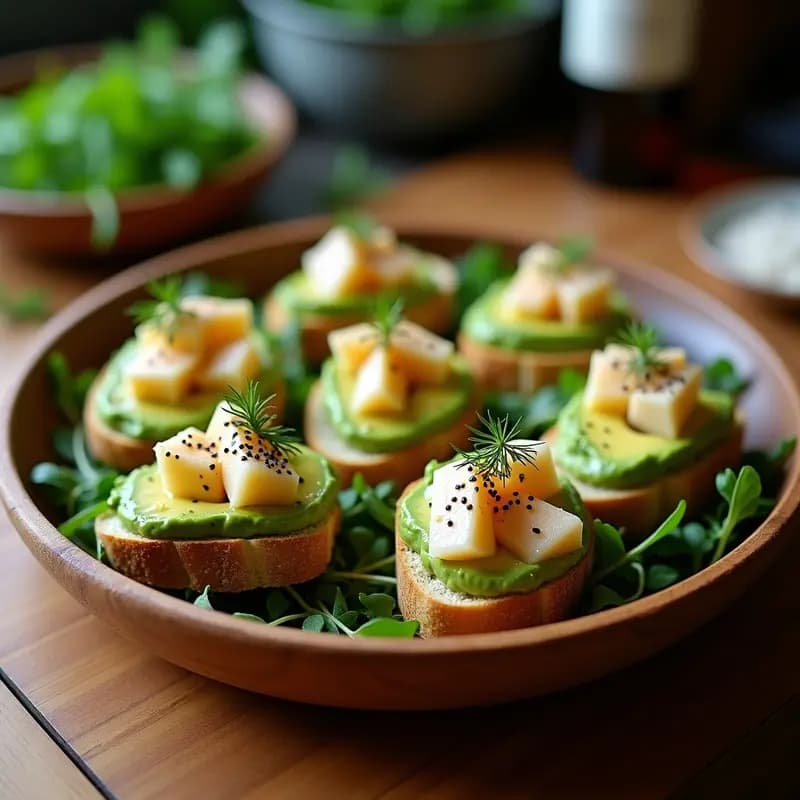Bruschetta de aguacate y lubina ahumada sobre pan integral tostado, con crema de aguacate verde, láminas de lubina ahumada, eneldo fresco y semillas de sésamo, presentada en una tabla de madera rústica con fondo difuminado.