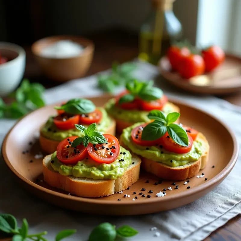 Bruschetta de aguacate y tomates secos con vinagreta de albahaca sobre pan sin gluten tostado, decorada con rúcula y semillas de sésamo en un plato de madera rústico.