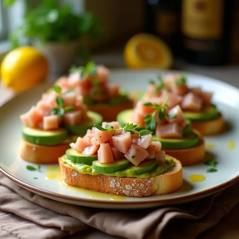 Bruschetta gourmet sobre pan ciabatta tostado con crema de aguacate verde, ventresca de atún desmenuzada, rúcula baby, vinagreta brillante de limón confitado y decoración de semillas de sésamo y pimienta rosa.