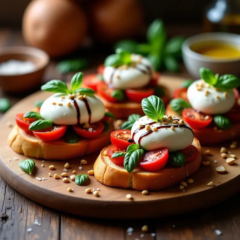 Bruschettas de pan de centeno tostado con burrata cremosa derramándose, tomates cherry confitados dorados, hojas de albahaca fresca y un hilo de vinagre balsámico sobre un fondo rústico de madera. Receta italiana de bruschetta con burrata y tomates confitados.