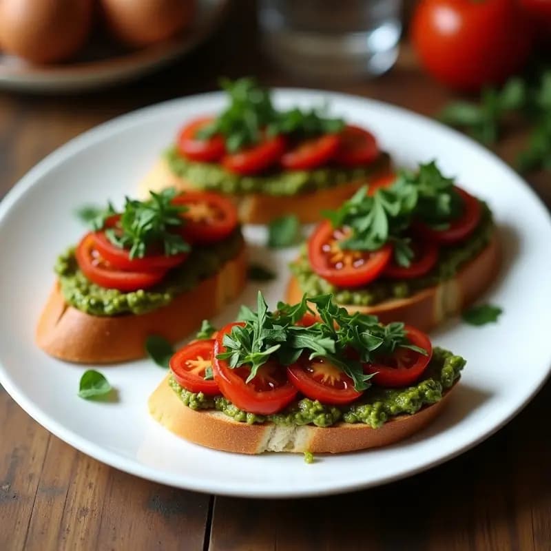 Bruschetta de pan de centeno tostado con pesto de rúcula verde intenso, tomates secos en tiras y un hilo de aceite de oliva virgen extra, servida en bandeja de madera rústica con fondo borroso de cocina mediterránea.